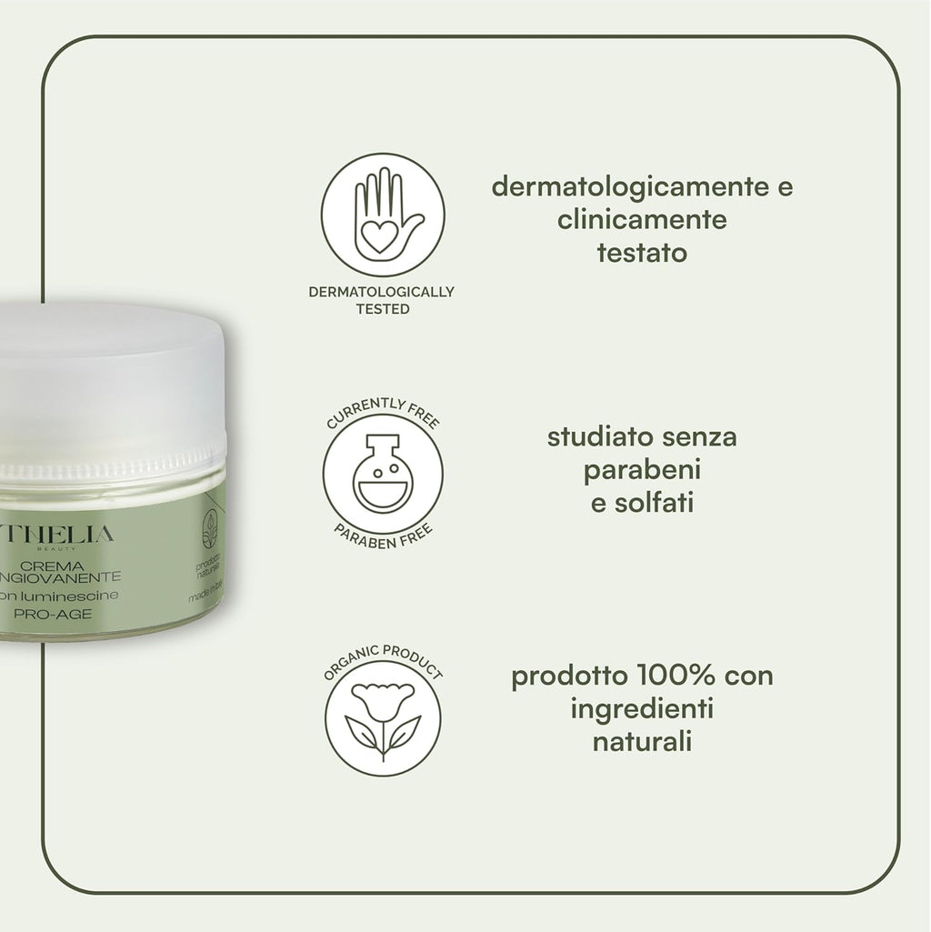 | Crema Ringiovanente Idratante Pro-Age Con Luminescine, Olio Di Ciliegia E Acido Ialuronico Prodotto Naturale Senza Parabeni, Dermatologicamente Testato, Made in Italy, 50 Ml