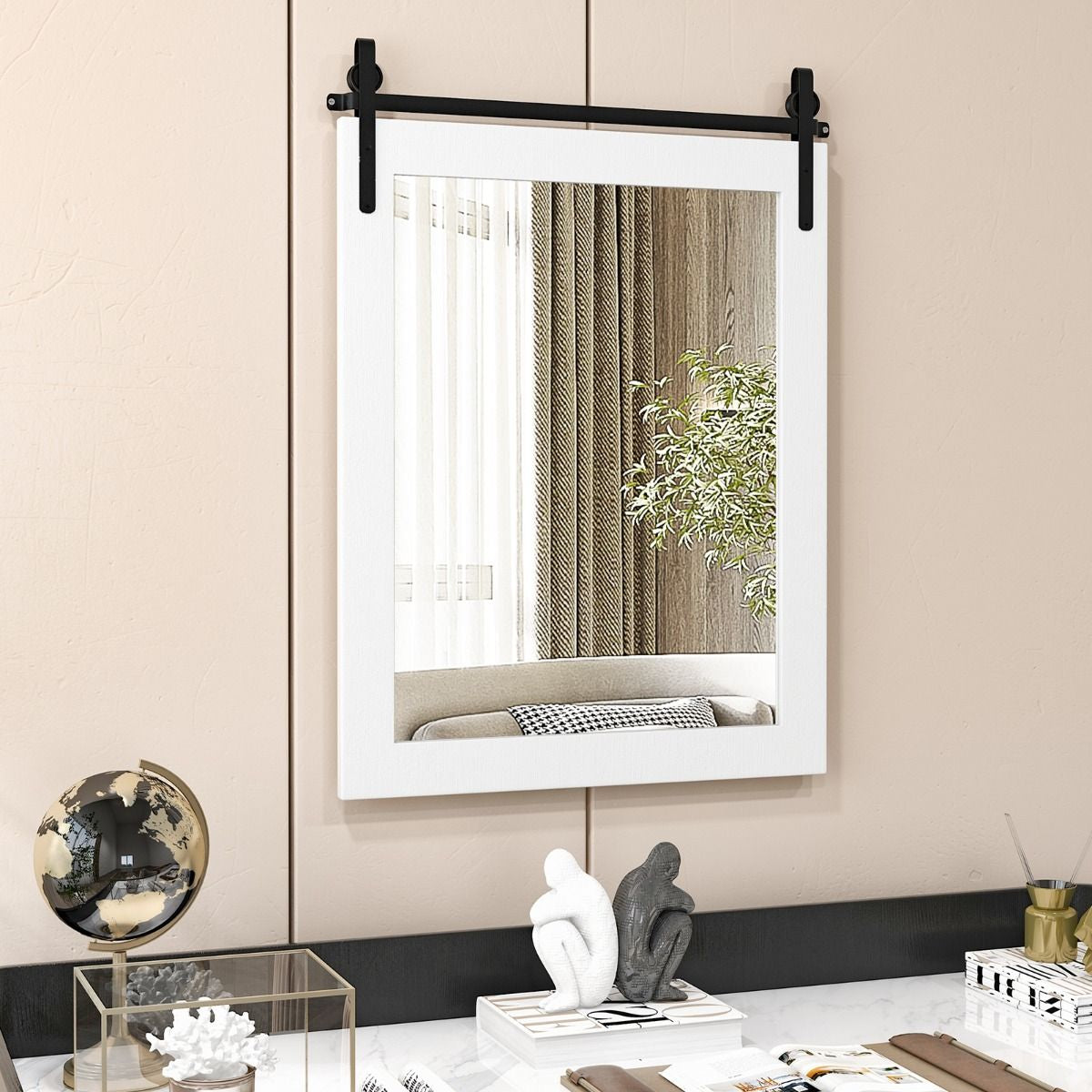 Specchio a Parete Farmhouse 76,5X56Cm, Specchio a Muro Rettangolare Con Cornice in Legno Staffa in Metallo