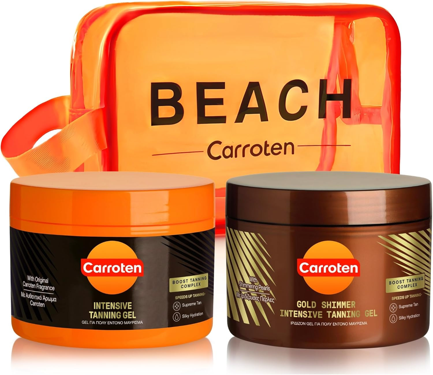 Set Di 2 Acceleratori D'Abbronzatura - Kit D'Abbronzatura Composto Da Gold Tanning Gel 150 Ml E Intensive Tanning Gel 150 Ml per Un'Abbronzatura Veloce, Inclusa Borsa Cosmetica