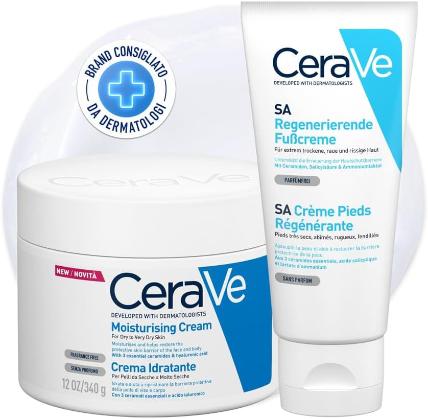 Cerave Kit Corpo E Piedi, Crema Idratante Viso , per Pelle Secca, Con Acido Ialuronico, 340 G + SA Crema Piedi Rigenerante, per Piedi Screpolati, Con Acido Salicilico, 88 Ml