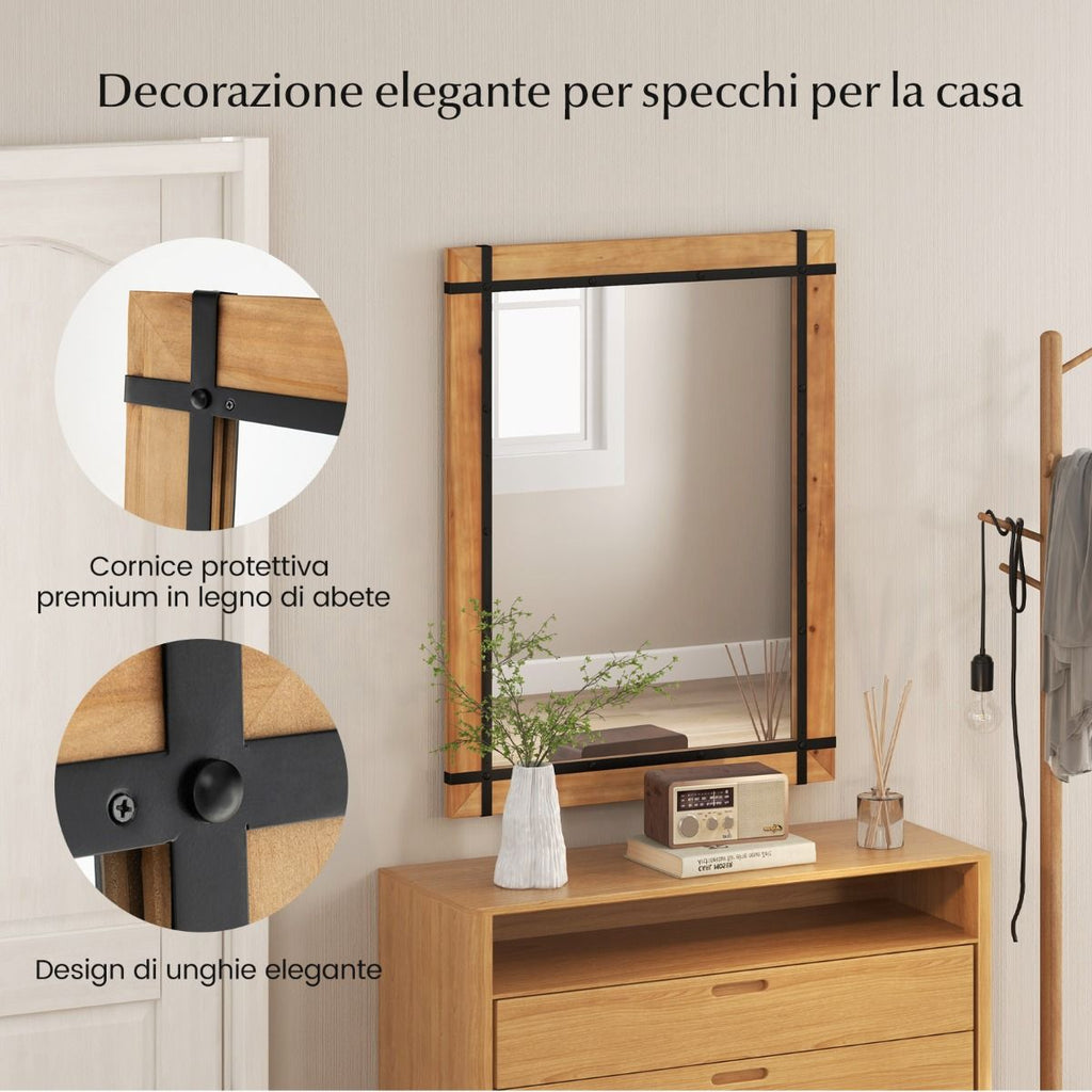 Specchio Da Parete Decorativo 77X100Cm, Specchio Da Parete Con Cornice in Legno Di Abete Naturale