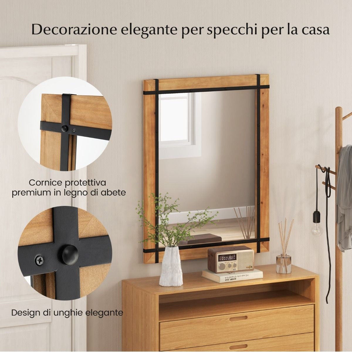 Specchio Da Parete Decorativo 77X100Cm, Specchio Da Parete Con Cornice in Legno Di Abete Naturale