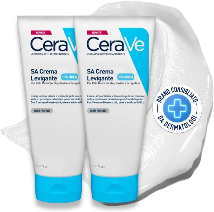 Cerave SA Crema Levigante per Pelle Molto Secca, Ruvida E Screpolata, Con Effetto Esfoliante, Con 10% Urea E Acido Salicilico, 2 X 177 Ml