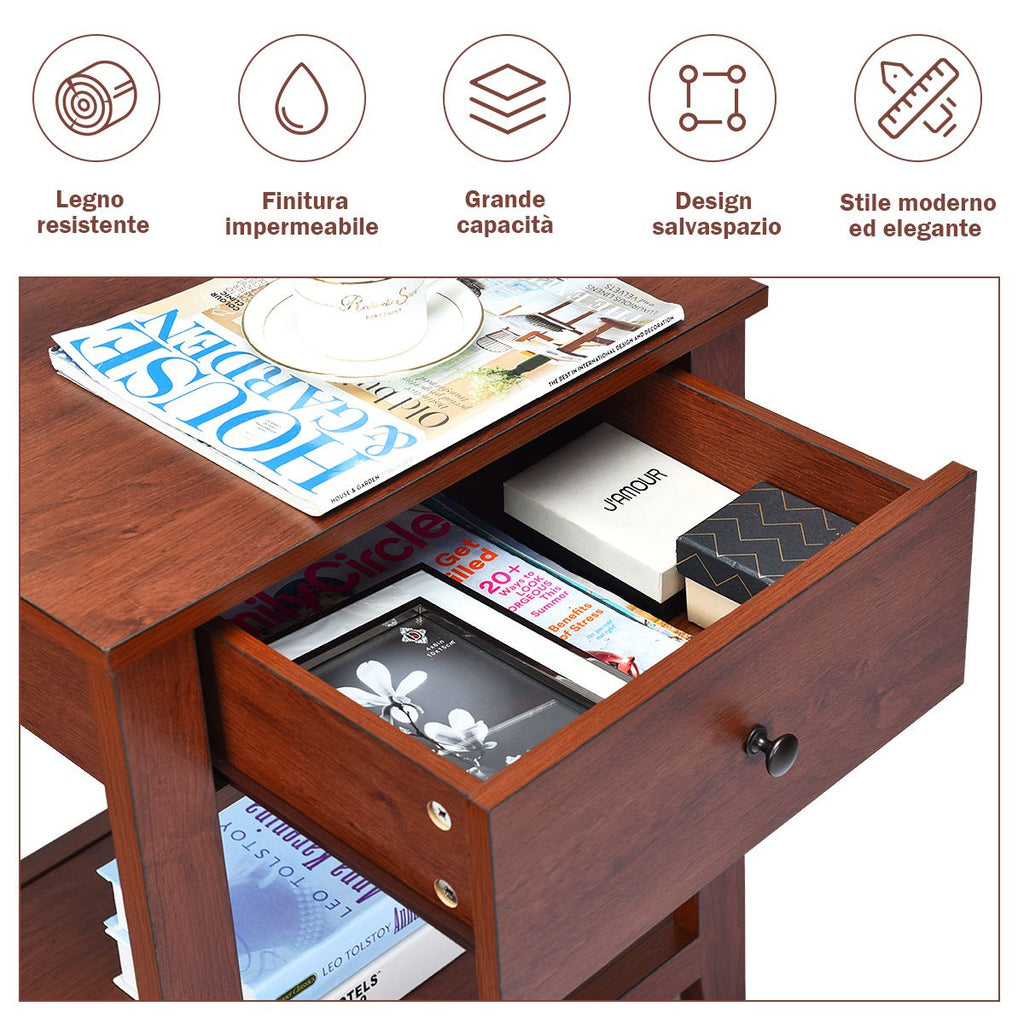 Set Di 2 Comodini in Legno Con Cassetto Da Camera Da Letto 50X42X62Cm, Comodini Organizer Moderni Marrone
