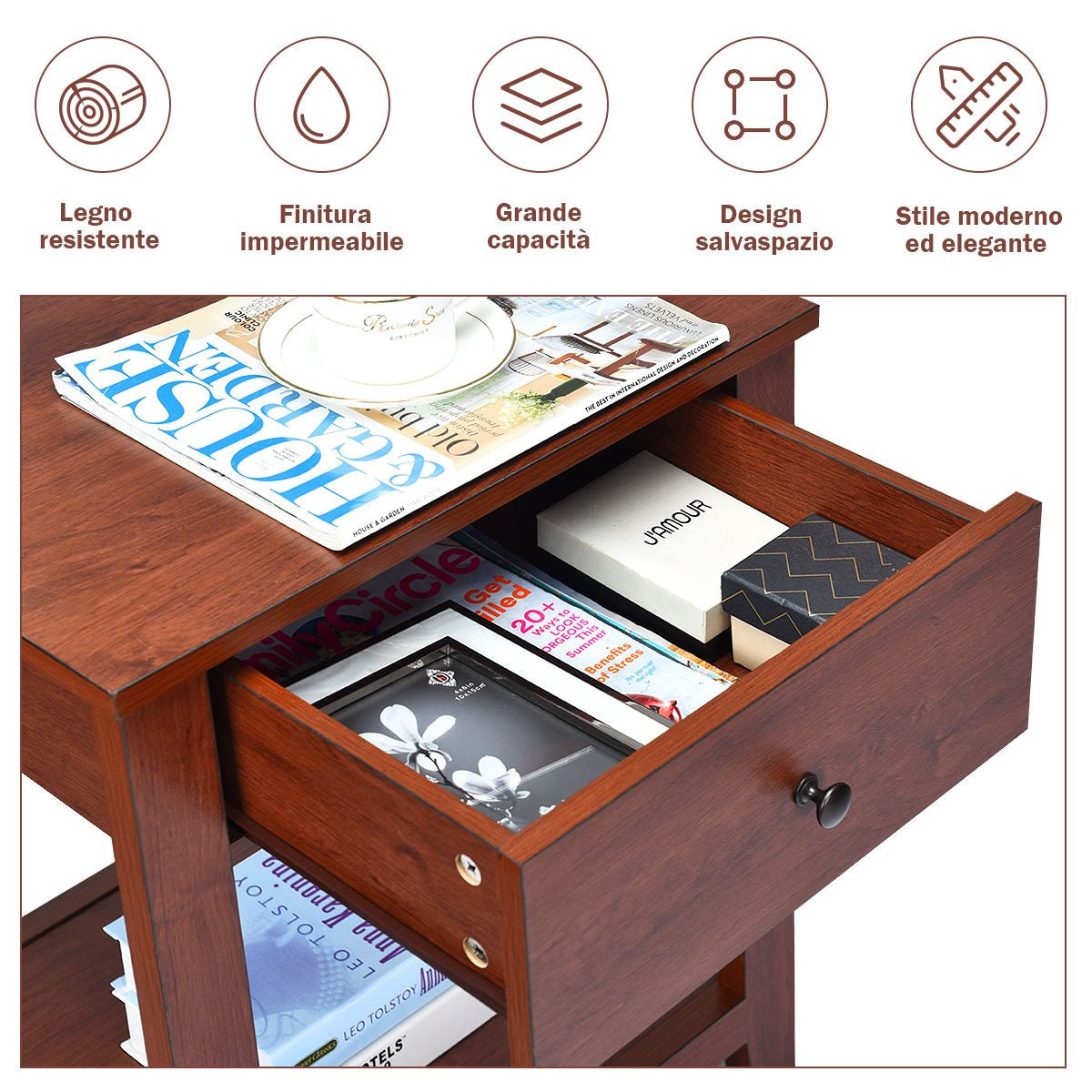 Set Di 2 Comodini in Legno Con Cassetto Da Camera Da Letto 50X42X62Cm, Comodini Organizer Moderni Marrone