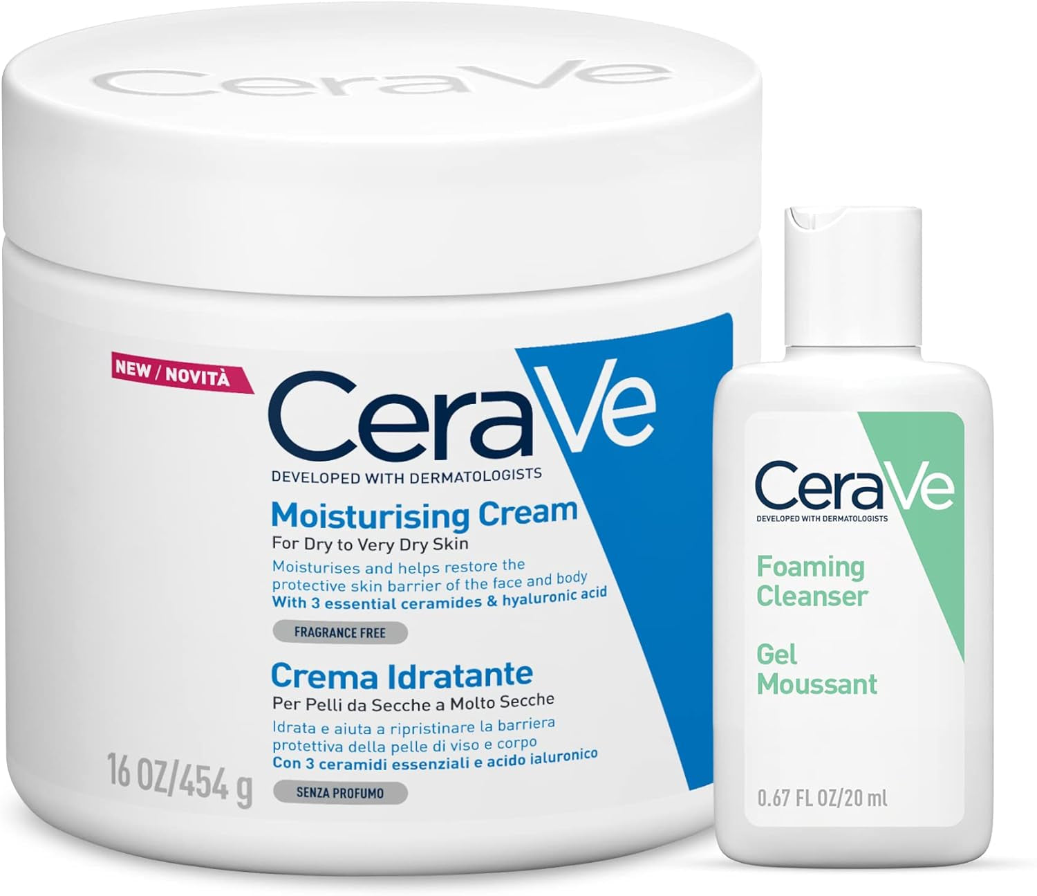 Crema Idratante Viso E Corpo, per Pelle Secca, Con Acido Ialuronico, 454G + Detergente 20Ml & Lozione Idratante Viso E Corpo per Pelle Secca, Con Acido Ialuronico 473Ml + 20Ml