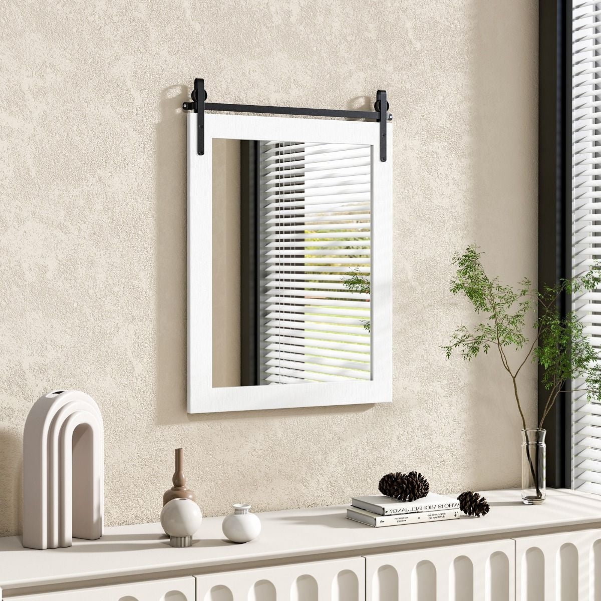 Specchio a Parete Farmhouse 76,5X56Cm, Specchio a Muro Rettangolare Con Cornice in Legno Staffa in Metallo