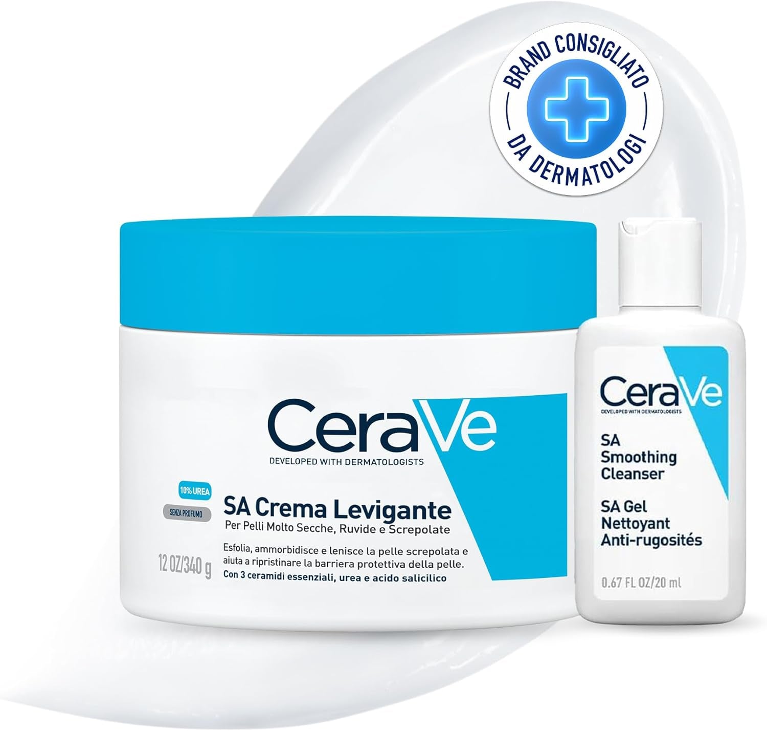 Cerave SA Crema Levigante, per Pelle Secca E Ruvida, Con Acido Salicilico, 10% Urea, 340Ml + Detergente Idratante Viso Da Viaggio, per Pelli Da Normali a Secche, 20 Ml