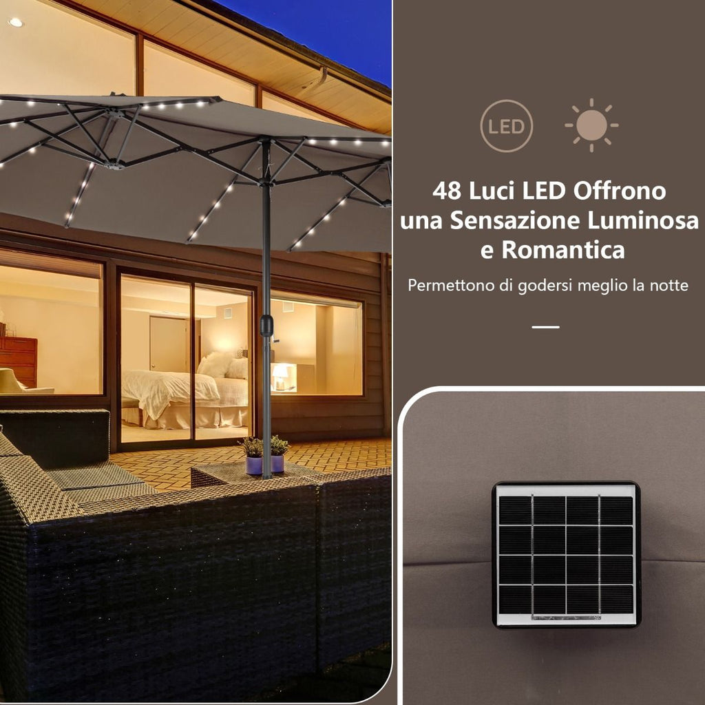 Ombrellone Gemello Da 470Cm Con 48 Luci LED, Ombrello Da Esterno a Doppio Lato Con Pannello Solare Auto-Caricante 3 Colori