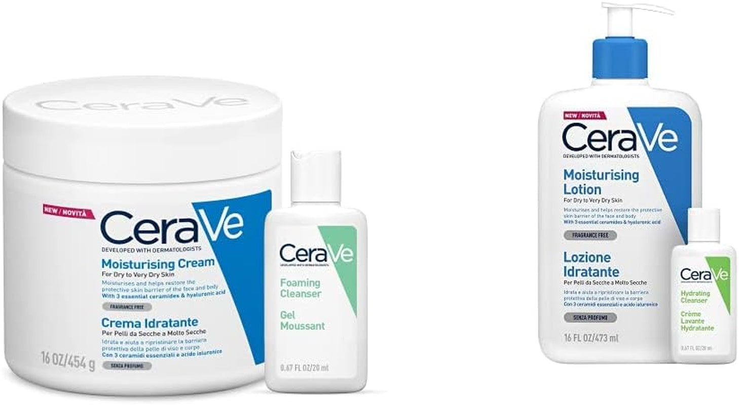 Crema Idratante Viso E Corpo, per Pelle Secca, Con Acido Ialuronico, 454G + Detergente 20Ml & Lozione Idratante Viso E Corpo per Pelle Secca, Con Acido Ialuronico 473Ml + 20Ml