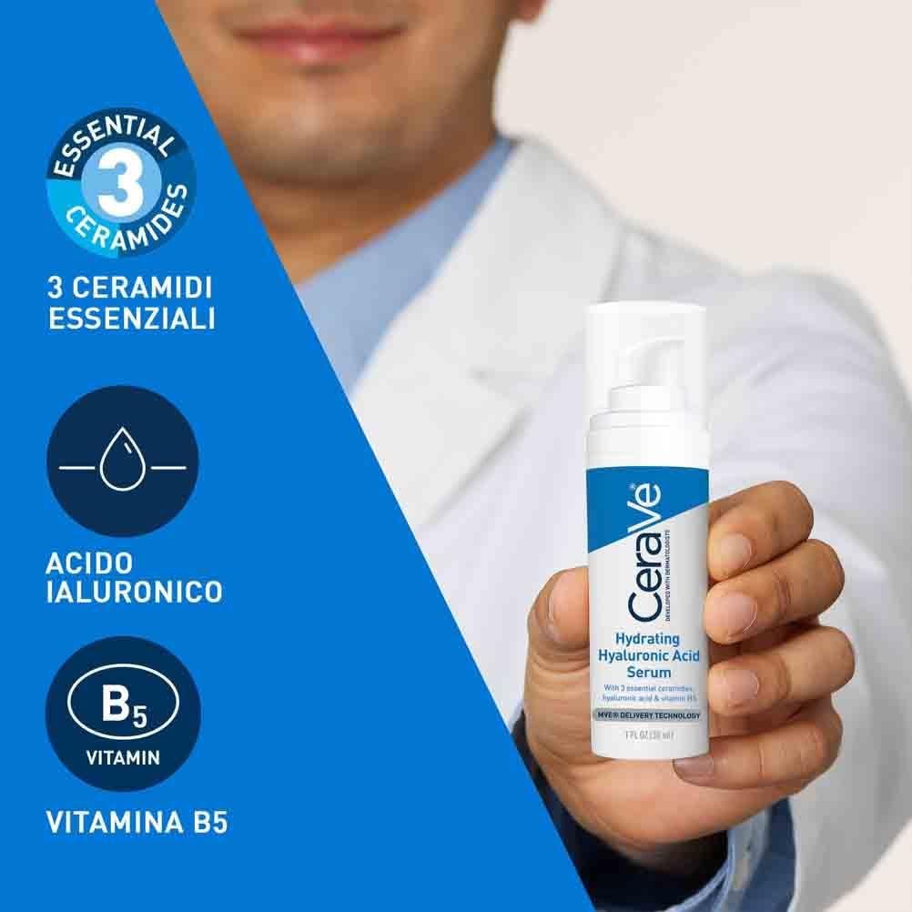 Cerave Siero Idratante Con Acido Ialuronico, per Pelli Secche, 24H Di Idratazione, Pelle Morbida E Levigata, Con Acido Ialuronico, Vitamina B5 E 3 Ceramidi, 30 Ml