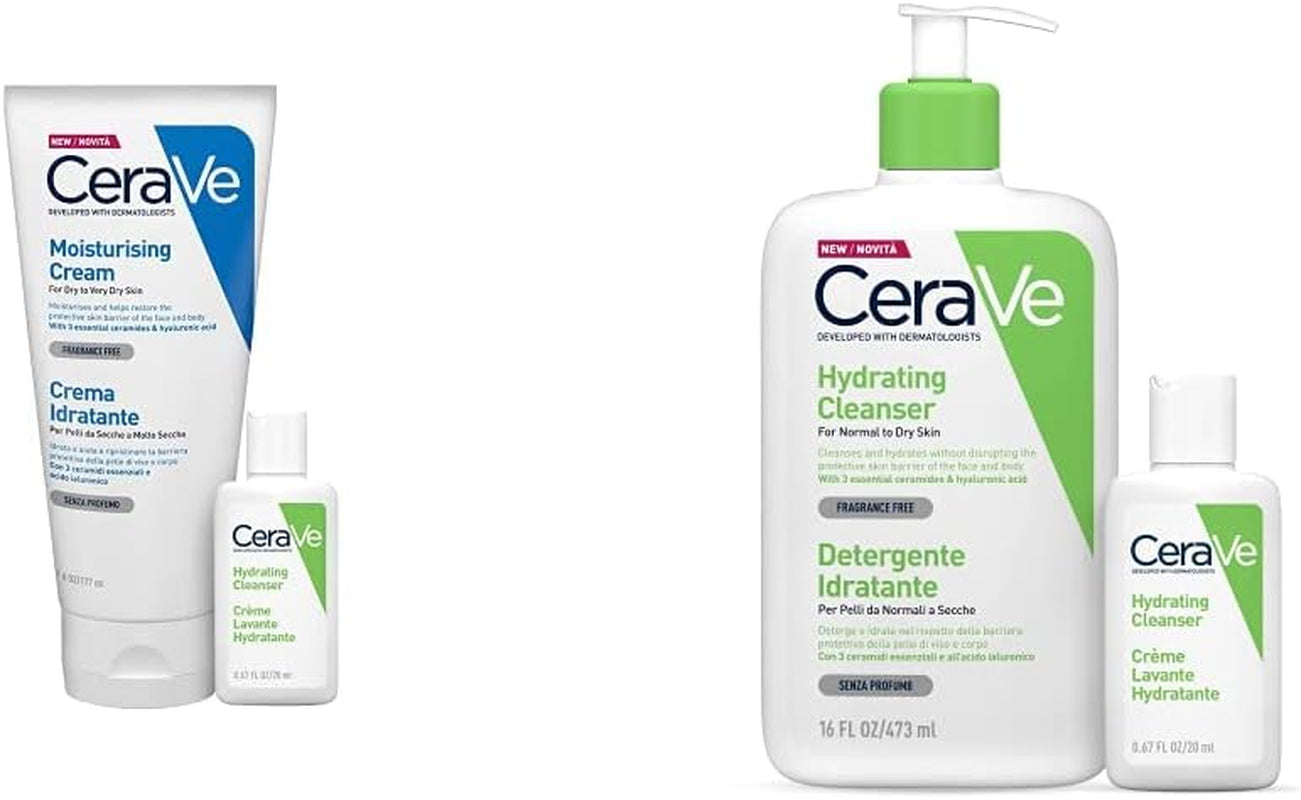 Crema Idratante Viso E Corpo per Pelle Secca, Con Acido Ialuronico 177Ml + Travel Size Detergente Idratante 20Ml & Detergente Idratante Viso E Corpo, per Pelle Da Normale a Secca