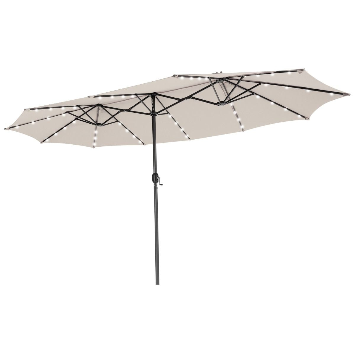 Ombrellone Gemello Da 470Cm Con 48 Luci LED, Ombrello Da Esterno a Doppio Lato Con Pannello Solare Auto-Caricante 3 Colori