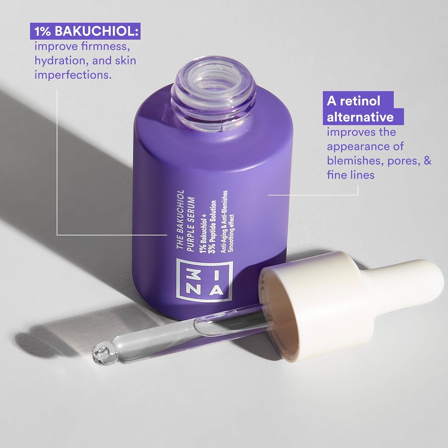 MAKEUP - the Bakuchiol Purple Serum - Con 1% Bakuchiol + 3% Peptidi - Siero Viso Antirughe Antimacchia & anti Imperfezioni - Siero Idratante Viso - Vegan - Cruelty Free