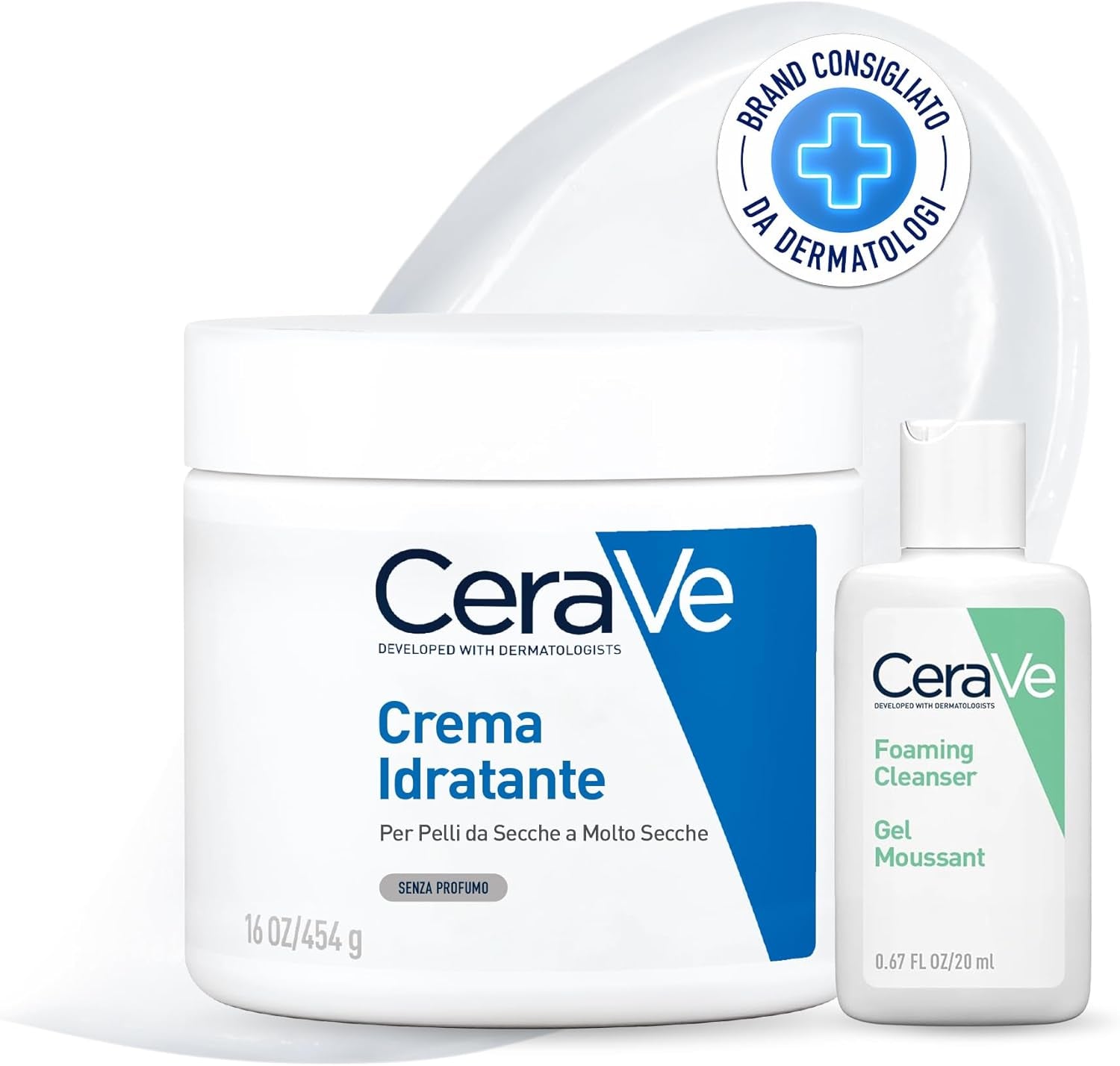 Cerave Kit Corpo E Viaggio, Crema Idratante Viso E Corpo, per Pelle Secca, Con Acido Ialuronico, 454 G + Detergente Idratante Viso Da Viaggio, per Pelli Da Normali a Secche, 20 Ml
