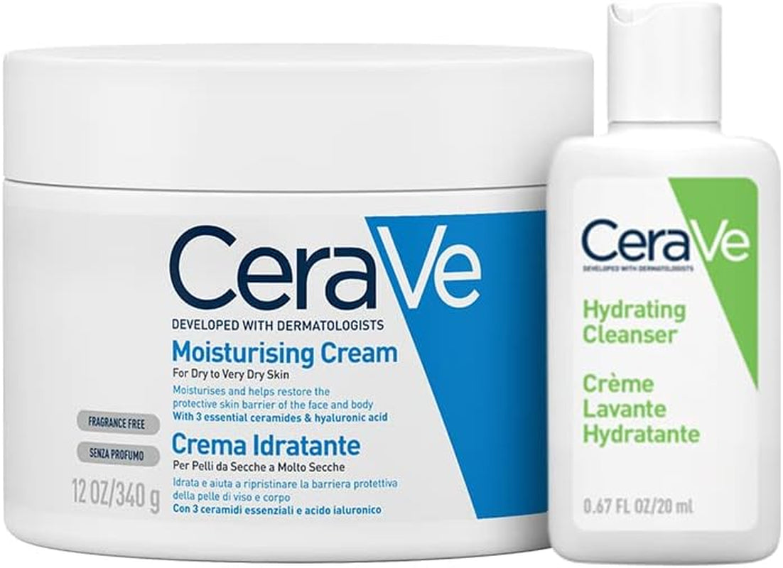 Crema Idratante Viso E Corpo, per Pelle Secca, Con Acido Ialuronico 340G + Travel Size Detergente Idratante 20Ml & Crema Idratante Viso E Corpo per Pelle Secca 177Ml + Detergente 20Ml
