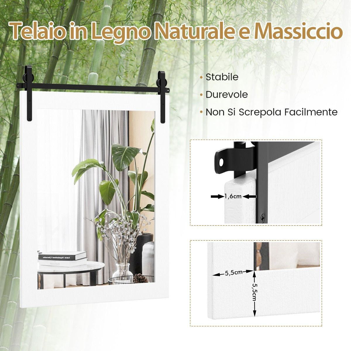 Specchio a Parete Farmhouse 76,5X56Cm, Specchio a Muro Rettangolare Con Cornice in Legno Staffa in Metallo