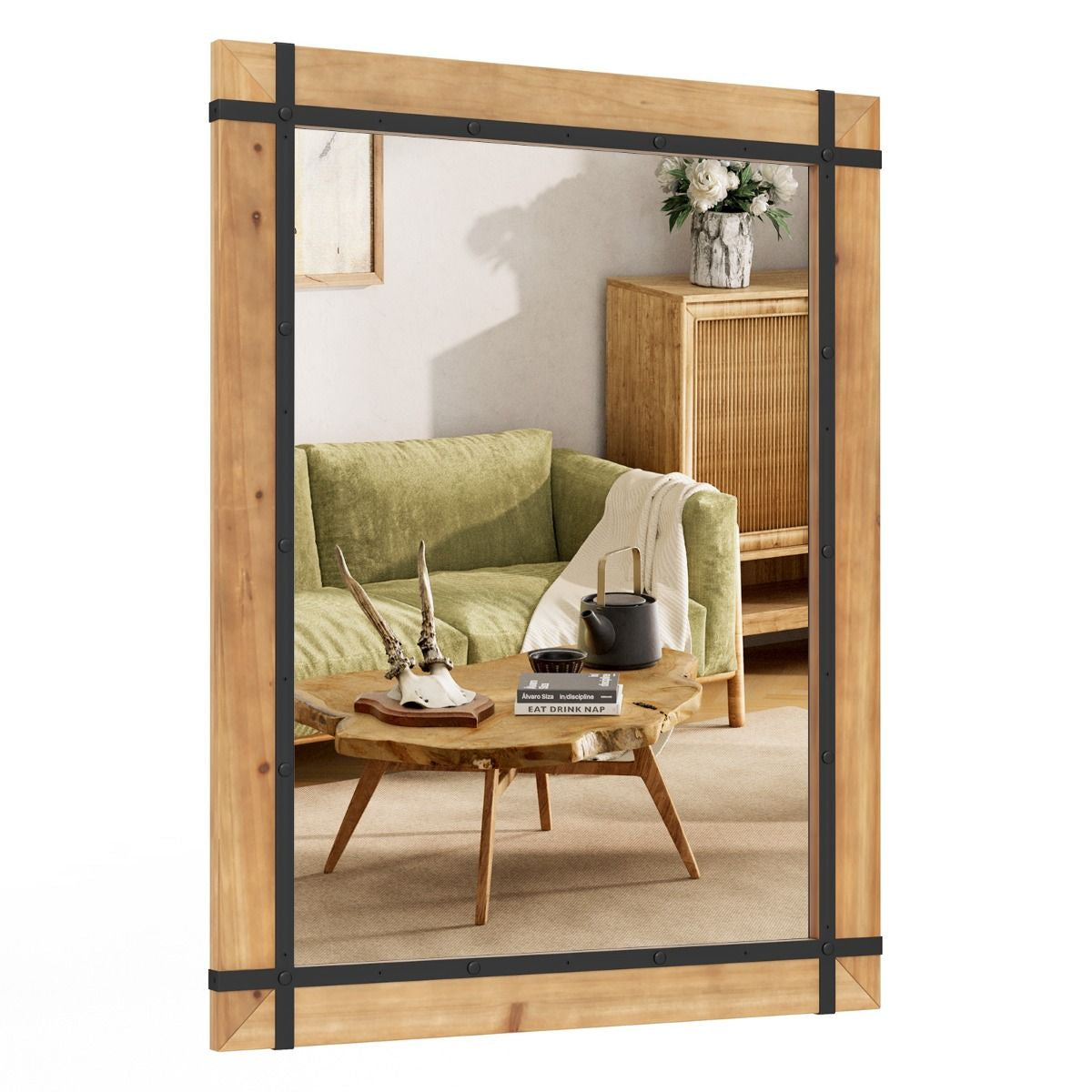 Specchio Da Parete Decorativo 77X100Cm, Specchio Da Parete Con Cornice in Legno Di Abete Naturale