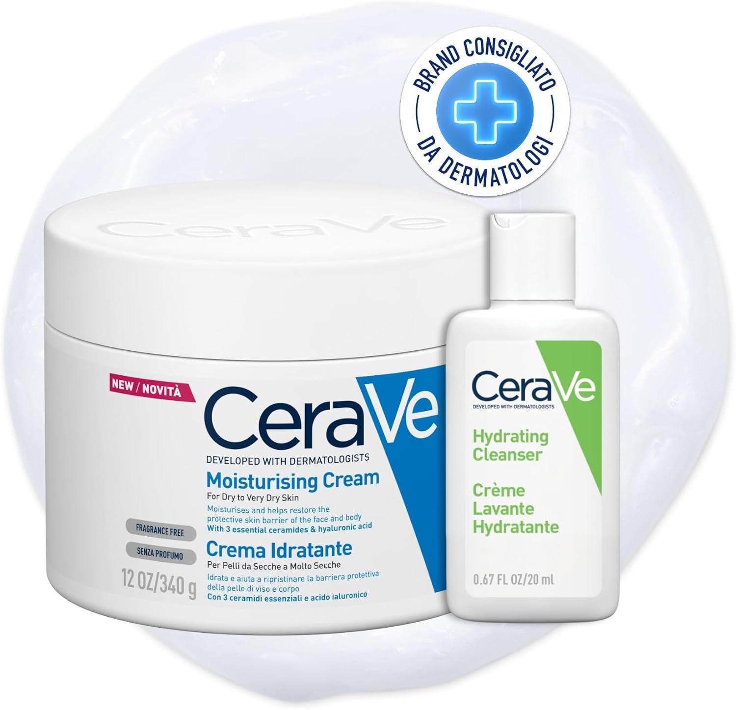Cerave Kit Corpo E Viaggio, Crema Idratante Viso E Corpo, per Pelle Secca, Con Acido Ialuronico, 340 G + Detergente Idratante Viso Da Viaggio, per Pelli Da Normali a Secche, 20 Ml