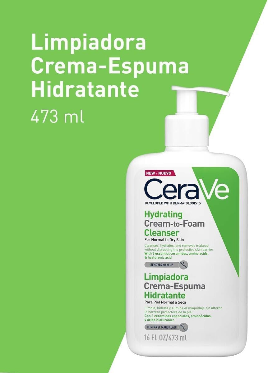 Cerave Crema Schiumosa Detergente Idratante Viso per Pelli Normali a Secche, 473 Ml