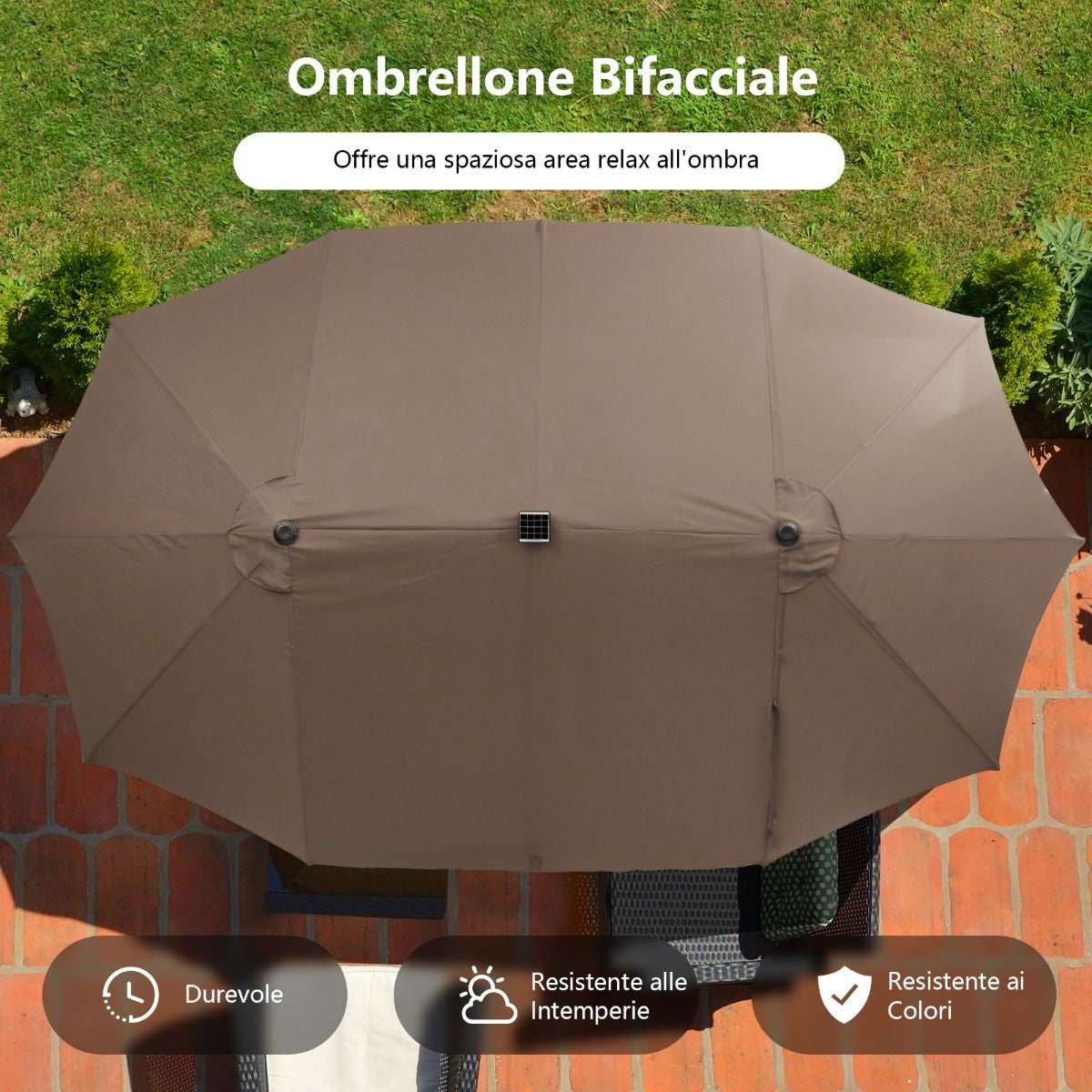 Ombrellone Gemello Da 470Cm Con 48 Luci LED, Ombrello Da Esterno a Doppio Lato Con Pannello Solare Auto-Caricante 3 Colori