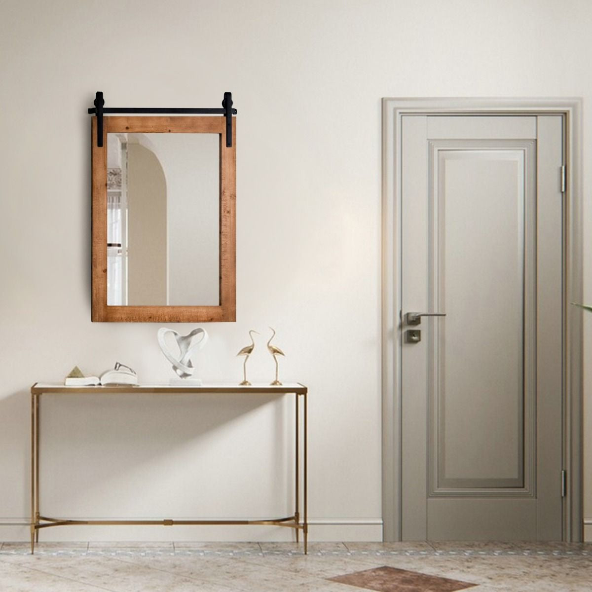 Specchio a Parete Farmhouse 76,5X56Cm, Specchio a Muro Rettangolare Con Cornice in Legno Staffa in Metallo