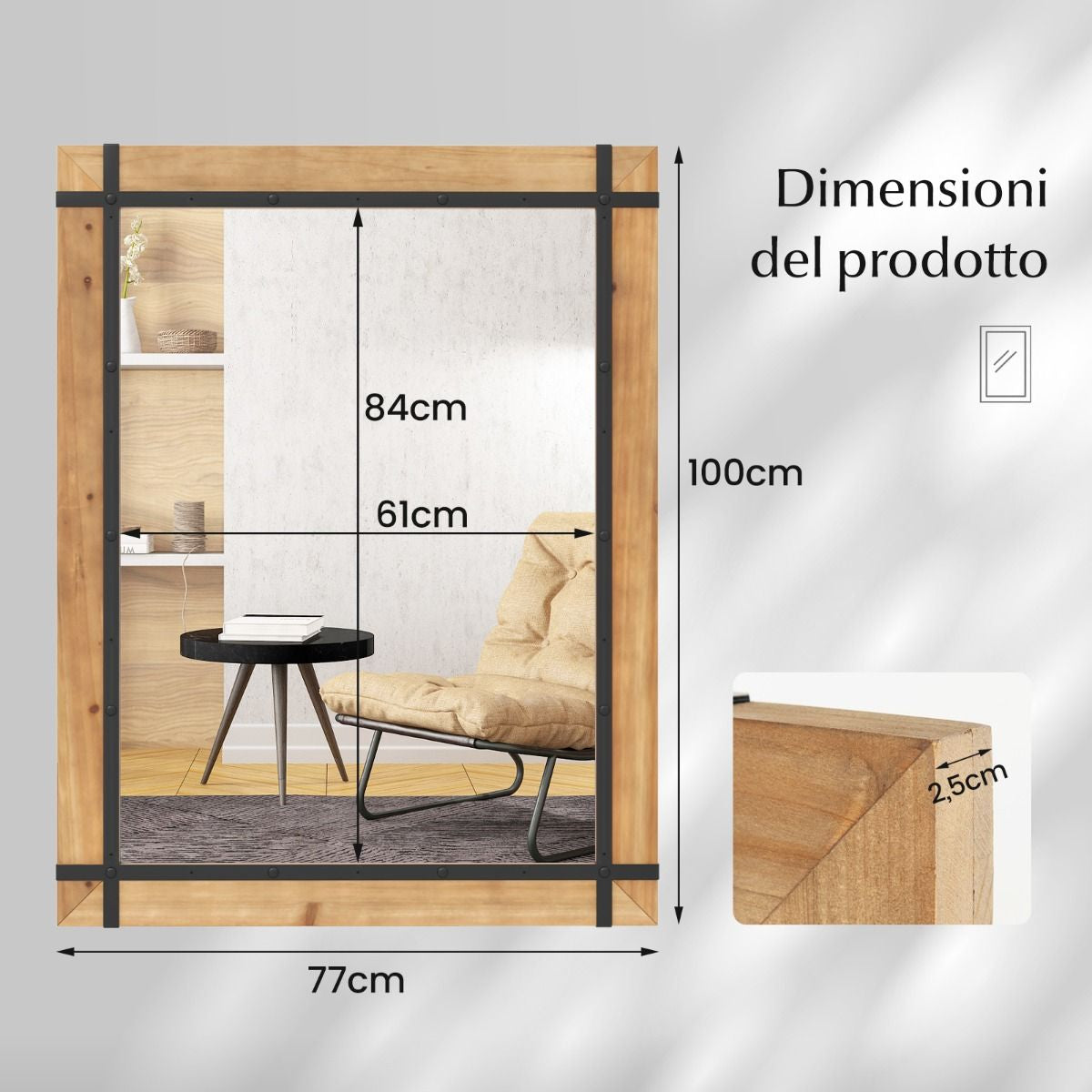 Specchio Da Parete Decorativo 77X100Cm, Specchio Da Parete Con Cornice in Legno Di Abete Naturale