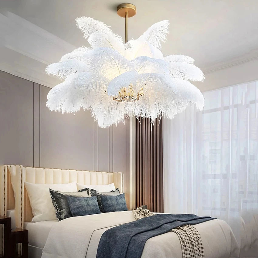 Kobuc Nordic Ostrich Feather LED Pendant Lights Modern Home Decor Feather Chandelier Ceiling Lamp Bedroom Lamp Indoor Light