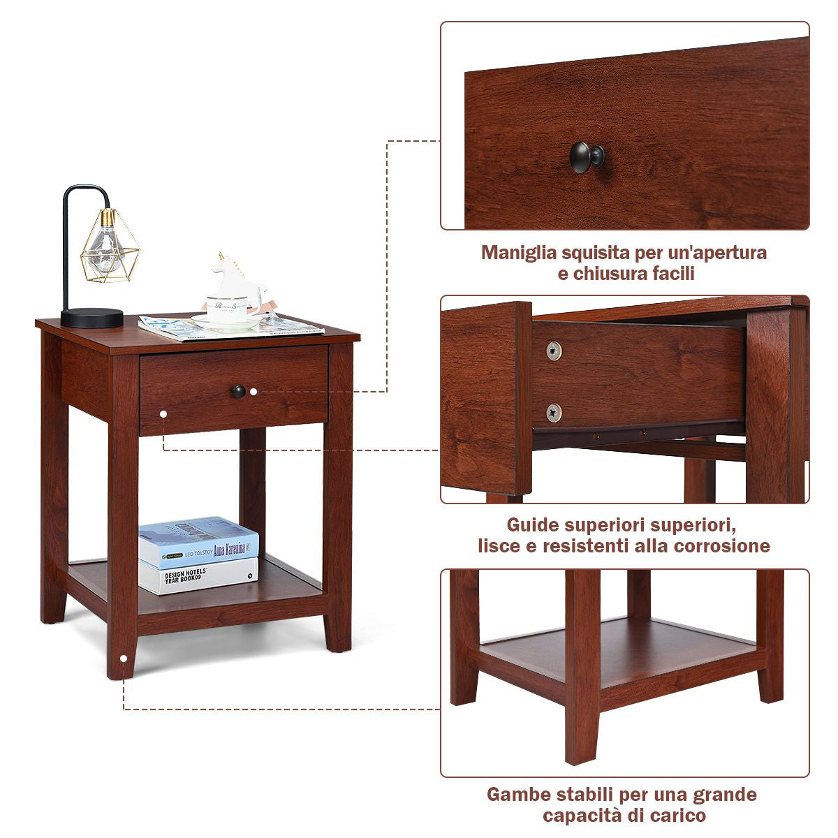 Set Di 2 Comodini in Legno Con Cassetto Da Camera Da Letto 50X42X62Cm, Comodini Organizer Moderni Marrone