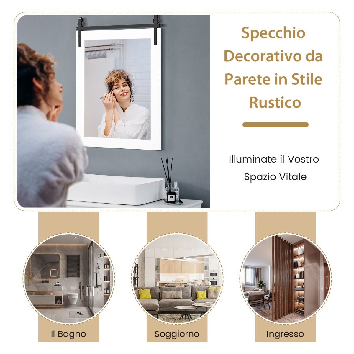 Specchio a Parete Farmhouse 76,5X56Cm, Specchio a Muro Rettangolare Con Cornice in Legno Staffa in Metallo